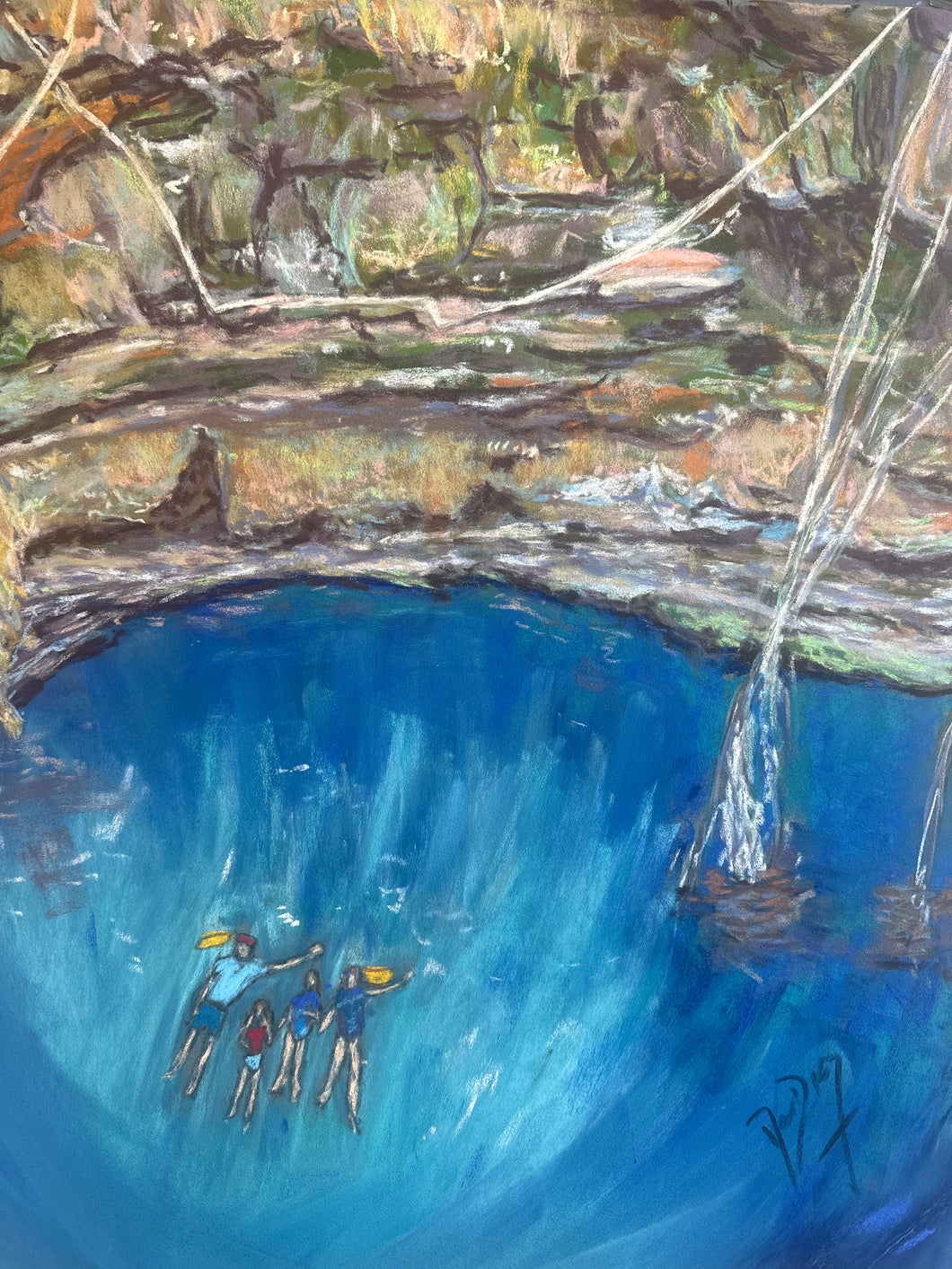 Lourdes and Family in a Mexican Cenote Pastel Painting