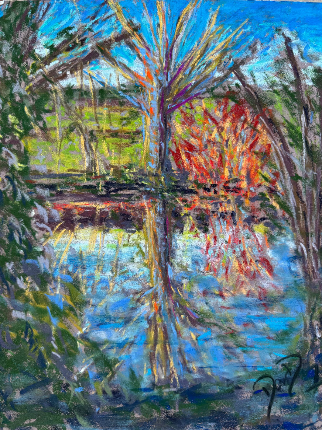 Tree reflection in Manor House Gardens Plein Air Soft Pastels Painting