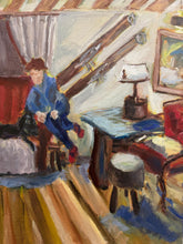 Load image into Gallery viewer, Alpine chalet interior oil painting with child and black lab dog after skiing in Morgex Aosta Valley
