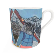 Load image into Gallery viewer, A skier wolf large bone china mug in Courmayeur Mont Blanc
