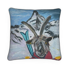 Load image into Gallery viewer, Mountain Goat on skis in Zermatt with Matterhorn deluxe cushion
