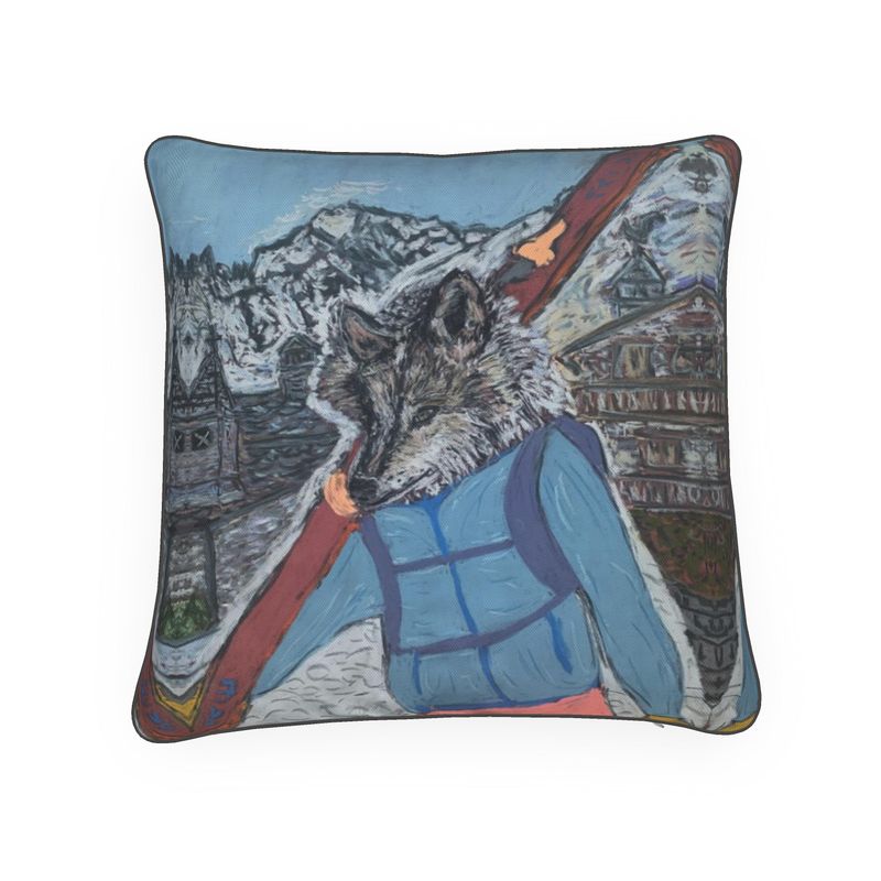 Wolf with skis on Entrèves in Courmayeur Mont Blanc luxury cushion