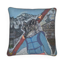 Load image into Gallery viewer, Wolf with skis on Entrèves in Courmayeur Mont Blanc luxury cushion
