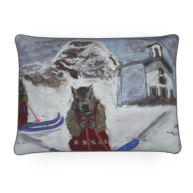 A Rectangular Luxury Cushion with two Marmots on Skis in Gressoney
