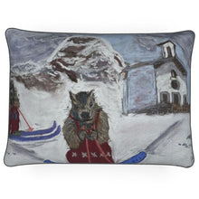 Load image into Gallery viewer, A Rectangular Luxury Cushion with two Marmots on Skis in Gressoney
