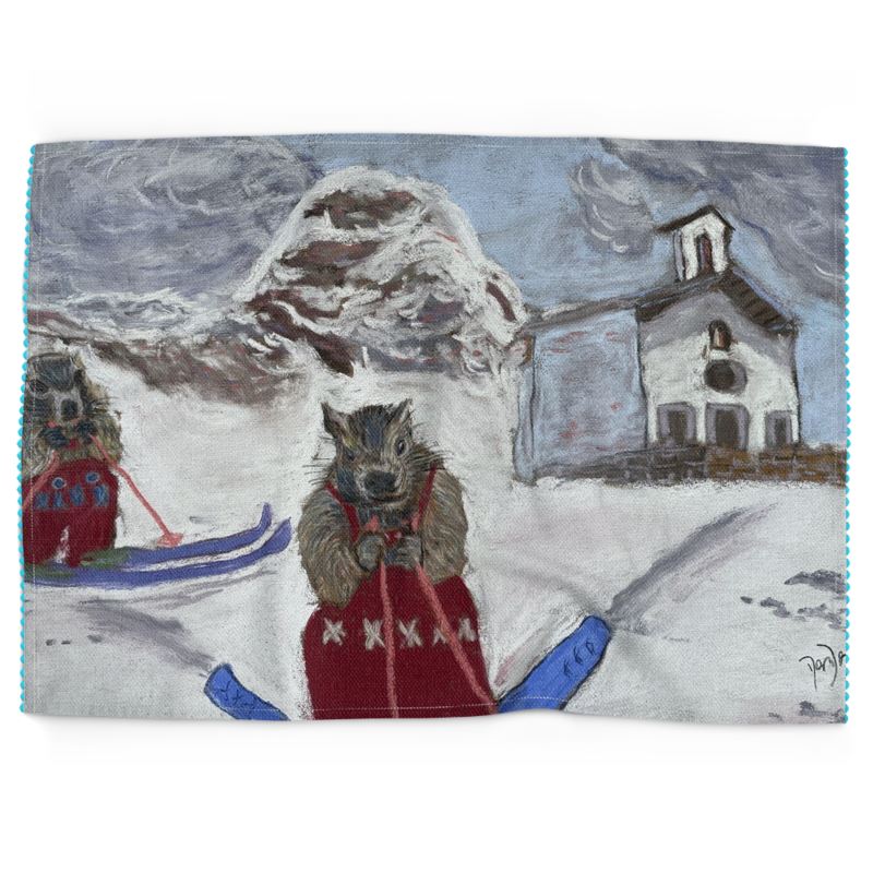 Two marmots on skis in Gressoney kitchen towel