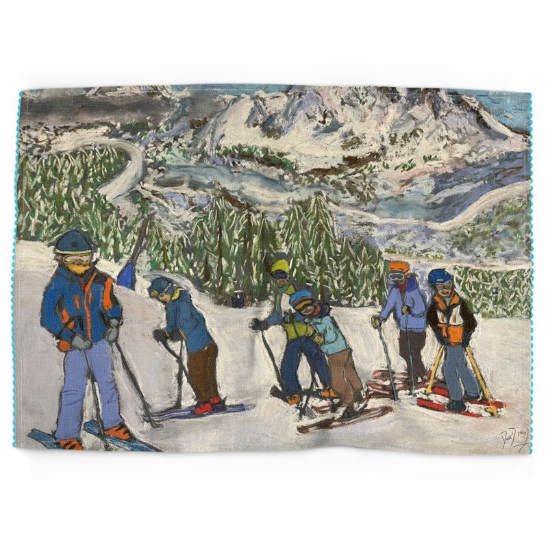 A tea towel with a group of kids skiing in Pila, Aosta Valley