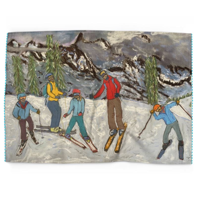 A Tea Towel of Two Dads with Kids skiing in Courmayeur