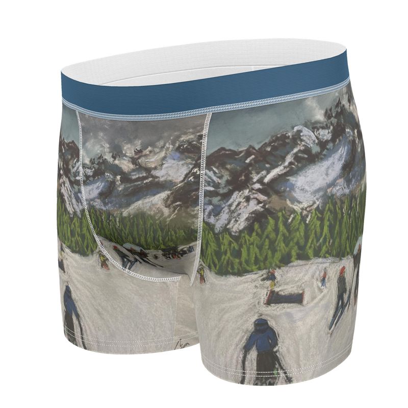 Designer Briefs of Skiers in Courmayeur Behind Maison Vielle