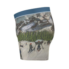 Load image into Gallery viewer, Designer Briefs of Skiers in Courmayeur Behind Maison Vielle
