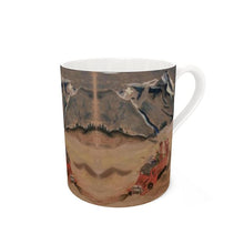 Load image into Gallery viewer, Bone China mug with pastel drawing of Vintage snowcat taking skiers up Telluride Mountain
