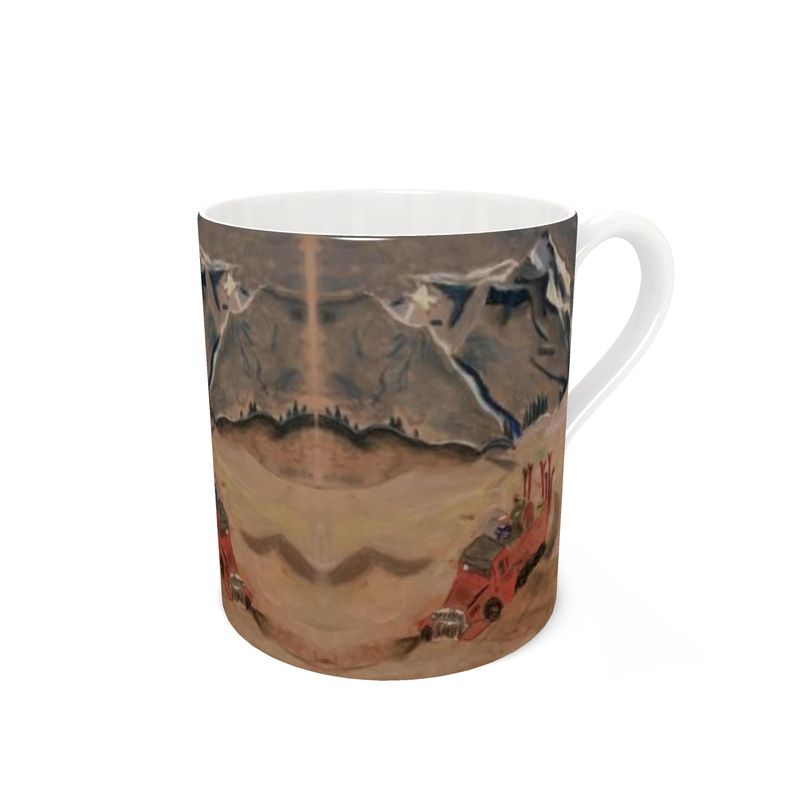 Bone China mug with pastel drawing of Vintage snowcat taking skiers up Telluride Mountain