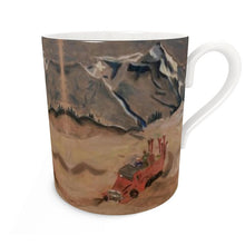 Load image into Gallery viewer, Bone China mug with pastel drawing of Vintage snowcat taking skiers up Telluride Mountain
