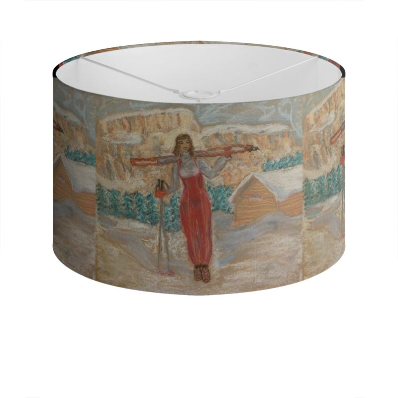 Drum Lamp Shade with drawing of Girl with Skis