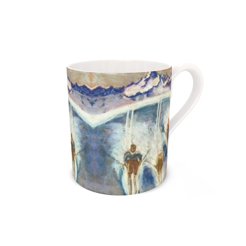 Bone China mug with alpine skiers coming down the pistes in the Aosta Valley