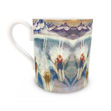 Load image into Gallery viewer, Bone China mug with alpine skiers coming down the pistes in the Aosta Valley
