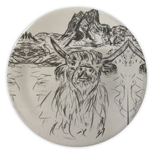 Load image into Gallery viewer, China plate with cow in Val Gardena resort in South Tyrol, in front of the Seceda/Decorative bone china plate
