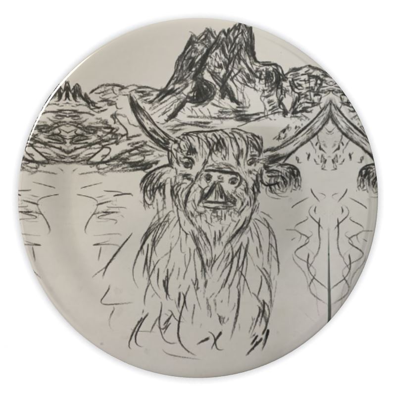 China plate with cow in Val Gardena resort in South Tyrol, in front of the Seceda/Decorative bone china plate