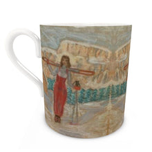 Load image into Gallery viewer, A girl with skis bone china mug/ decorative ski vintage mug/ girl in Val di Fassa/alpine design/ ski mug
