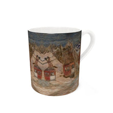 Load image into Gallery viewer, A fine bone china mug with the Panoramic Mont Blanc lift on top of the Mar de Glace/ski mug/ fine bone china mug/ tea cup/ coffee cup
