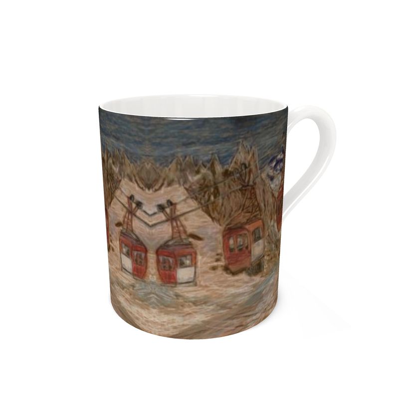 A fine bone china mug with the Panoramic Mont Blanc lift on top of the Mar de Glace/ski mug/ fine bone china mug/ tea cup/ coffee cup