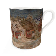 Load image into Gallery viewer, A fine bone china mug with the Panoramic Mont Blanc lift on top of the Mar de Glace/ski mug/ fine bone china mug/ tea cup/ coffee cup
