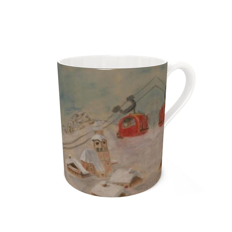 A fine bone china mug with a small Tyrolian town/ ski town mug/ cable car mug/ ski mug/ tea cup/ coffee mug