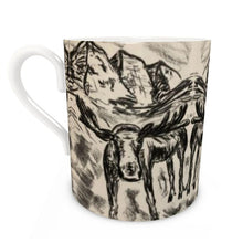 Load image into Gallery viewer, Bone China mug with cheeky moose with the Maroon Bells in Aspen.
