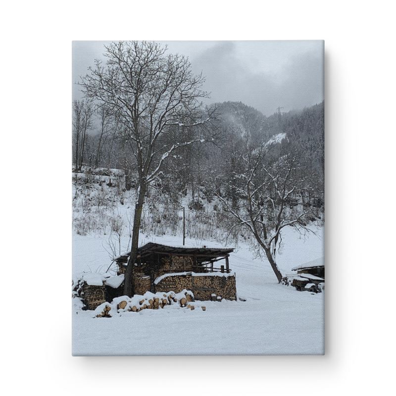 Wooden logs in snowy landscape. Pautex, Comune di Morgex, Valdigne, Valley of Monte Bianco, Aosta Valley. Print on Canvas