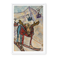 Load image into Gallery viewer, Moose on Skis in the Butte/ Framed Ski Moose Art Print/ Ski Moose in Crested Butte
