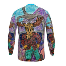 Load image into Gallery viewer, Slim Fit Men&#39;s T-Shirt with a Moose in Snowboard on a Chairlift by the Aiguille du Drus, Montenvers/Chamonix.
