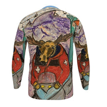 Load image into Gallery viewer, Slim Fit Men&#39;s T-Shirt with a Ski Patrol Moose in a Snowmobile in Valle de Las Leñas.
