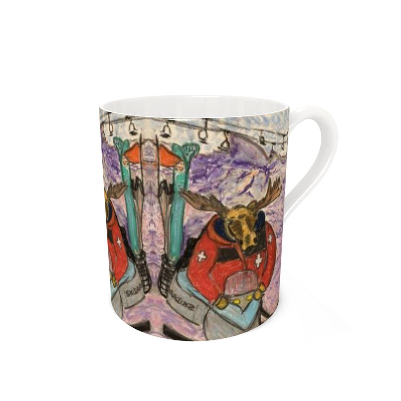 Bone China Mug with Lawen the Moose Ski Patrol in a Snowmobile in Las Leñas