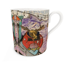 Load image into Gallery viewer, Bone China Mug with Lawen the Moose Ski Patrol in a Snowmobile in Las Leñas
