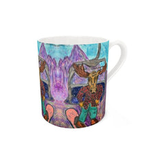 Load image into Gallery viewer, Bone China Mug with Lawen the Moose Snowboarder on a Chairlift with the Aiguille des Drus
