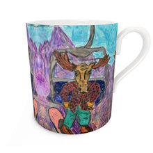 Load image into Gallery viewer, Bone China Mug with Lawen the Moose Snowboarder on a Chairlift with the Aiguille des Drus
