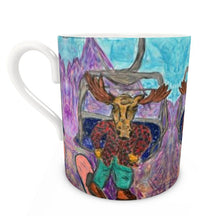 Load image into Gallery viewer, Bone China Mug with Lawen the Moose Snowboarder on a Chairlift with the Aiguille des Drus
