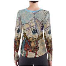 Load image into Gallery viewer, Moose on Skis in Crested Butte long sleeves ladies&#39; t-shirt
