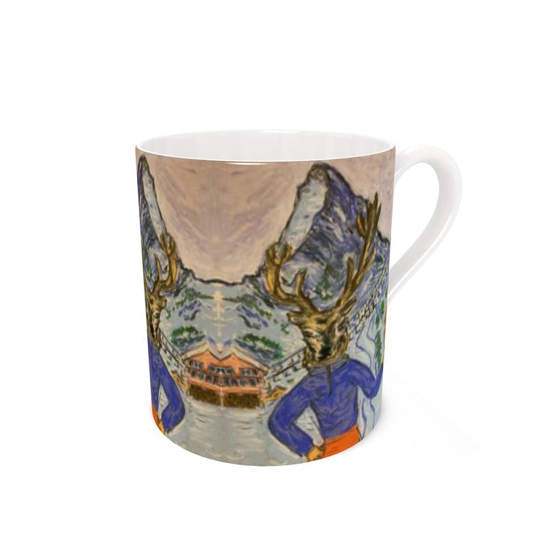 Deer on Skis in Zermatt with Matterhorn Bone China Mug