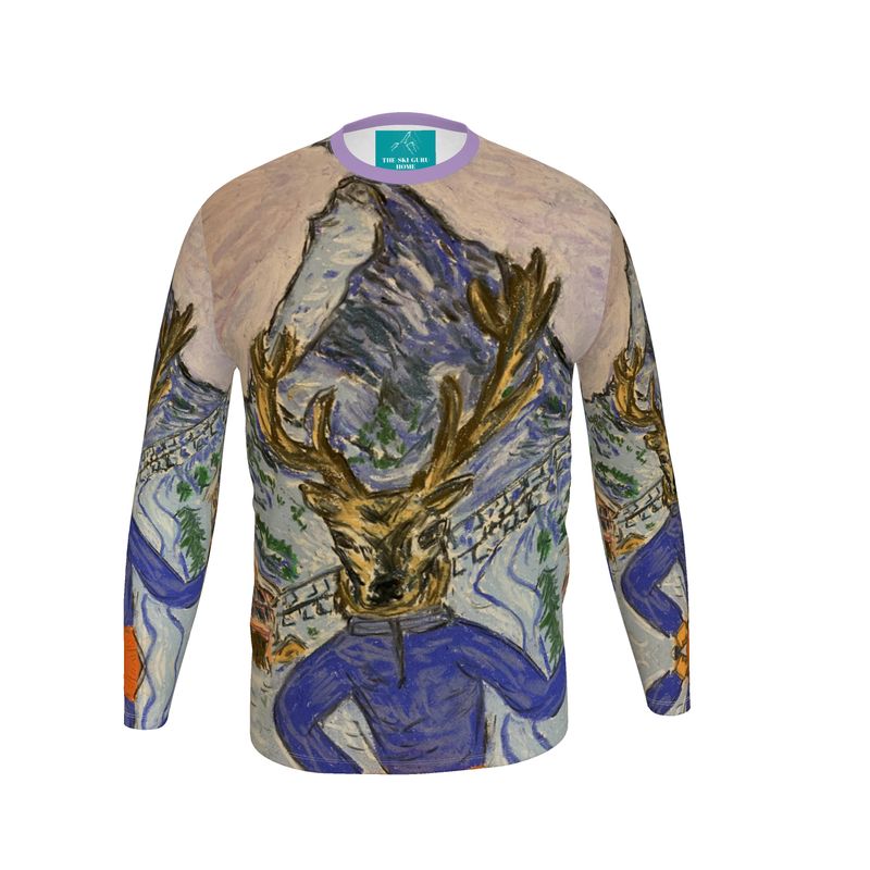 A Slim-Fit long sleeves t-shirt with a deer on skis in Zermatt and the Matterhorn.