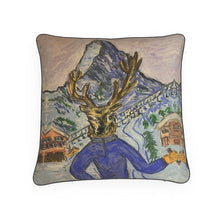 Load image into Gallery viewer, A deer in skis with the Matterhorn in Zermatt cushion
