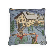 Load image into Gallery viewer, Father and Kid deer with skis in St Moritz 40cmx40cm cushion
