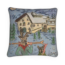 Load image into Gallery viewer, Father and Kid deer with skis in St Moritz 40cmx40cm cushion
