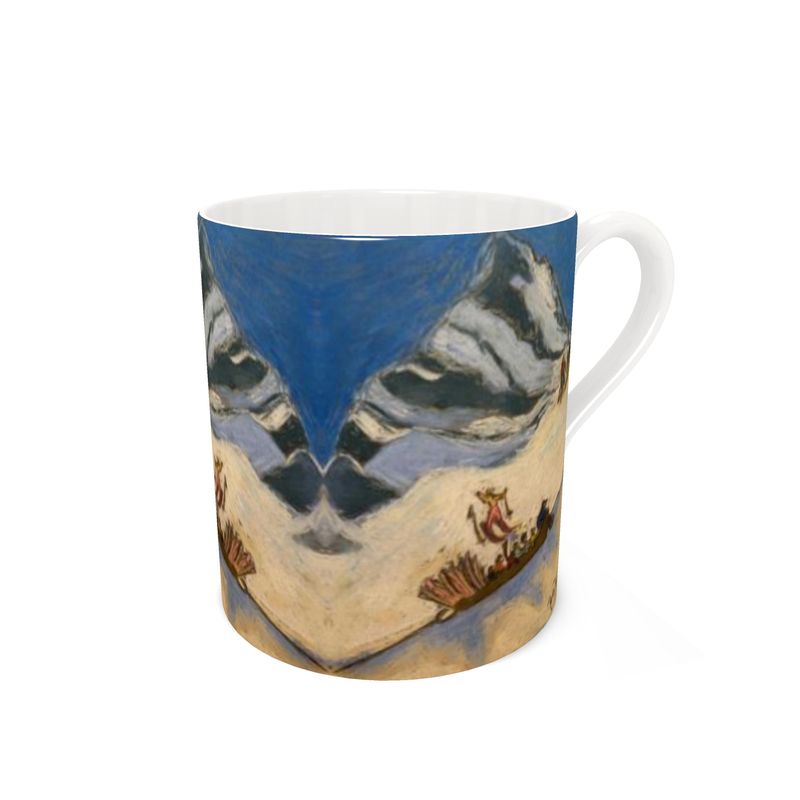 Vintage Swiss snowcat taking skiers up the mountain large bone china mug