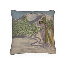 Load image into Gallery viewer, Lady with Skis in the Italian Alps Luxury Cushion.
