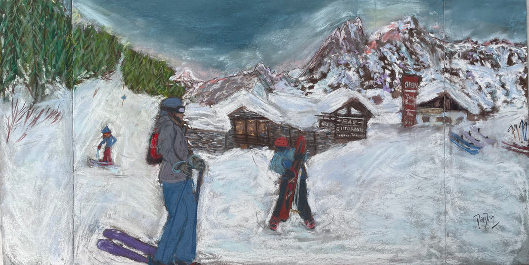 Painting of End of the Ski Day in Val Veny, Courmayeur Mont Blanc.