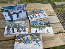 Load image into Gallery viewer, Greeting Card of Skiers in front of Maison Vielle in Courmayeur
