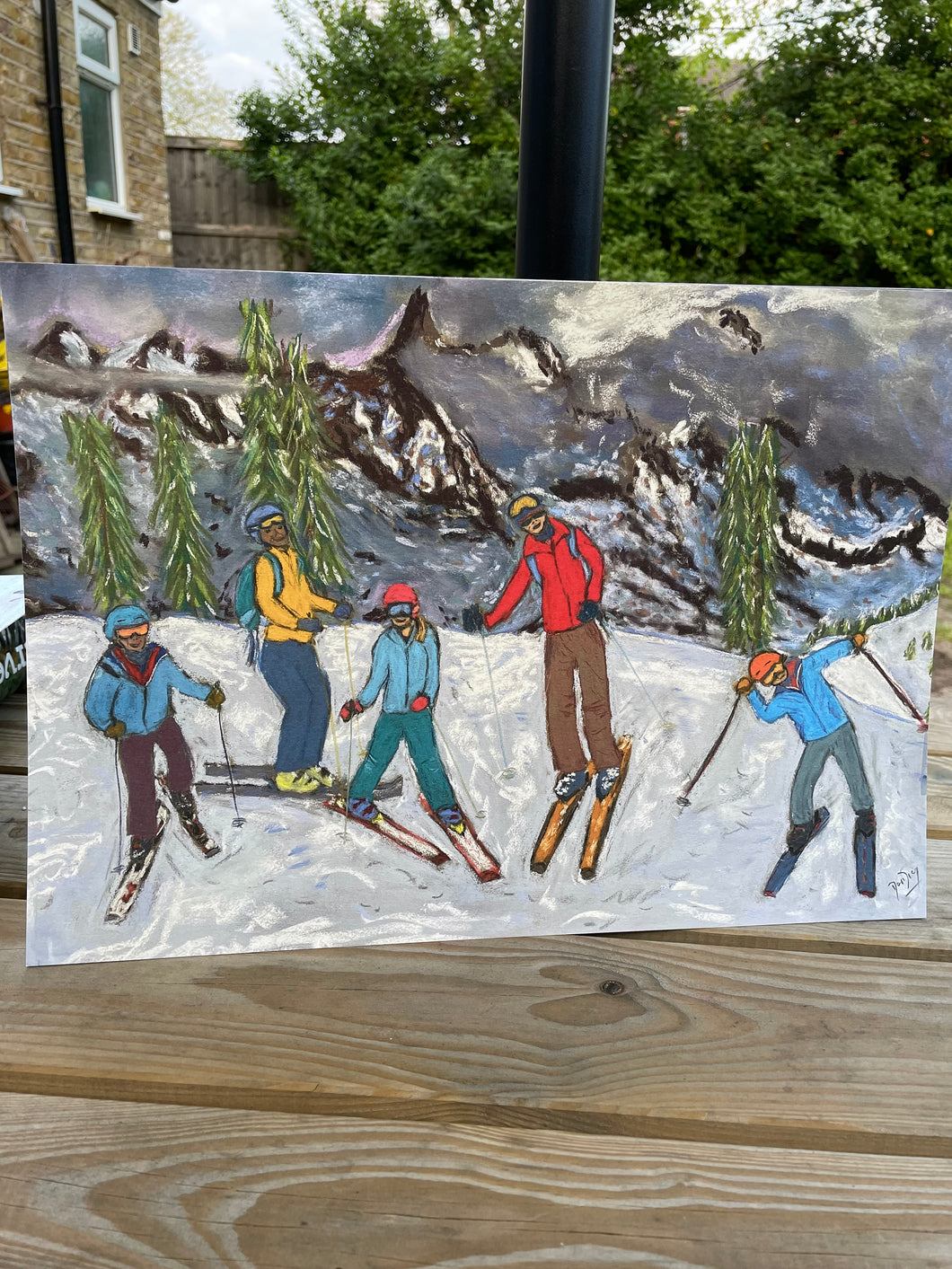 The Fathers and Kids Skiing in Courmayeur with Dent du Gèant in the Background Print