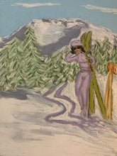 Load image into Gallery viewer, Painting of a glam lady with skis somewhere in the Italian Alps.
