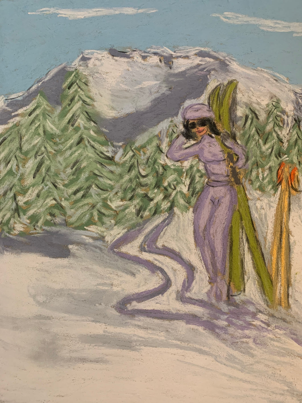 Painting of a glam lady with skis somewhere in the Italian Alps.